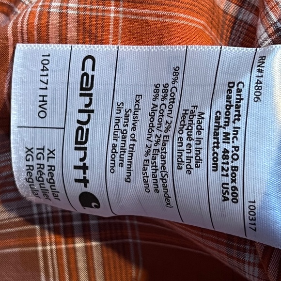 Carhartt Relaxed Fit Orange Plaid Short Sleeve Work Shirt XL Regular RN14806 - Picture 3 of 8